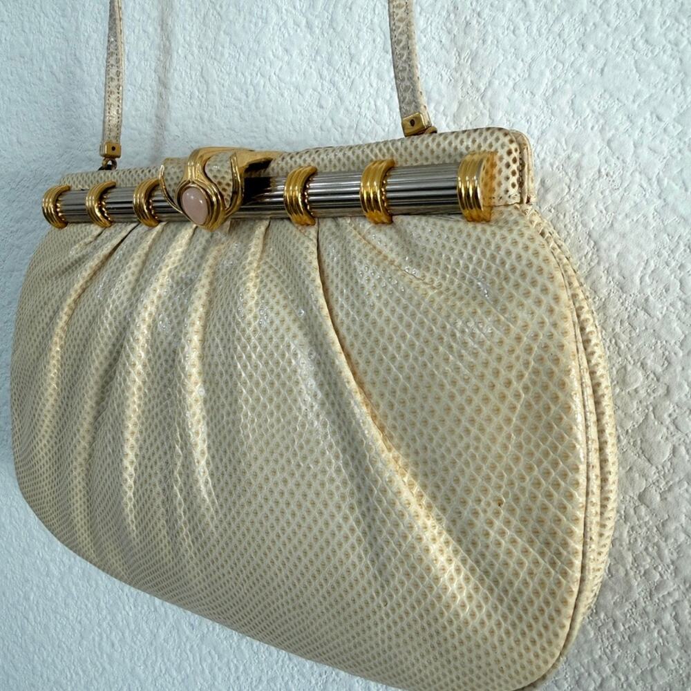 Judith Leiber Vintage Lizard Leather Clutch Gold Frame Evening Quiet Luxury Rare - Picture 8 of 9